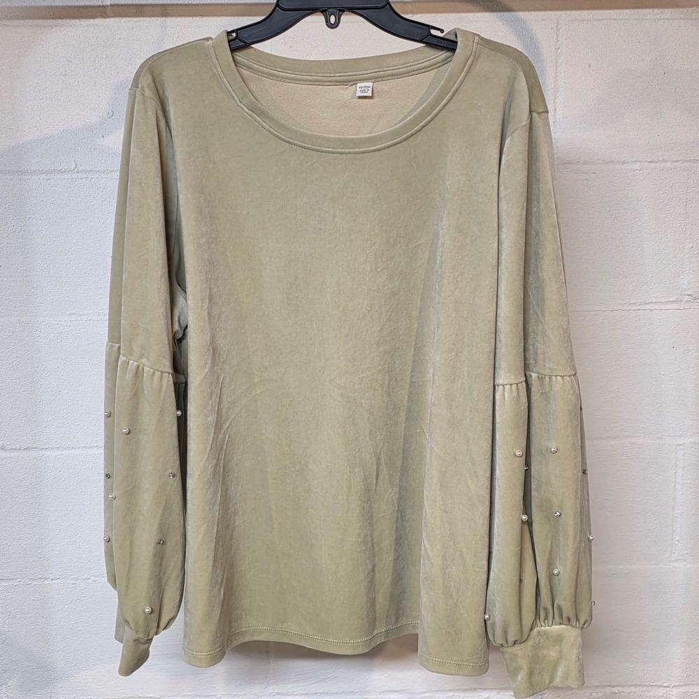 Cato Womens Beige Velour Pearl Rhinestone Balloon Sleeve Top 18/20W Neutral‎